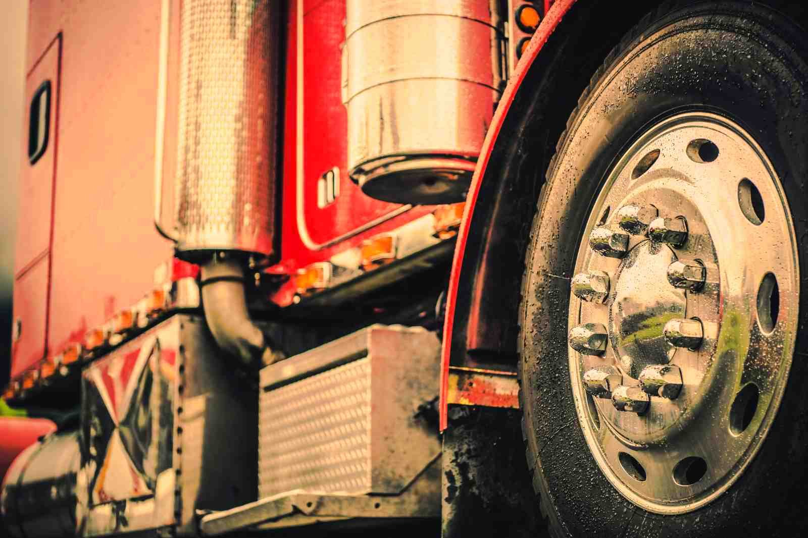 Red semi truck — chrome wheel and exhaust